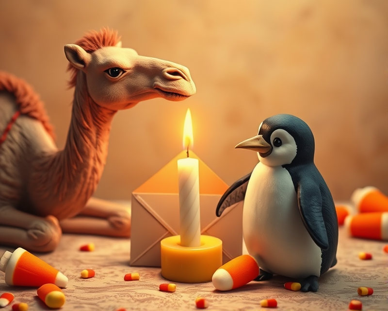 camel, candle, envelope, penguin, candy corn